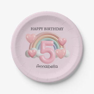 Rainbow and Hearts 3D 5th Pink Birthday Party Paper Plate