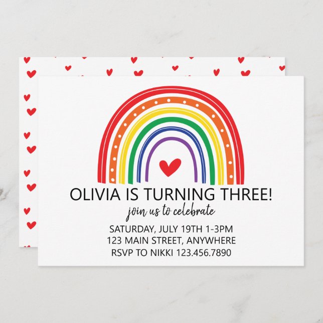 Rainbow and hearts birthday party invite (Front/Back)