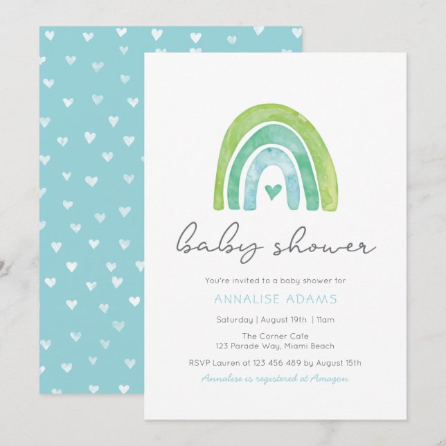 Rainbow and hearts Blue Baby Shower invitation (Front/Back)
