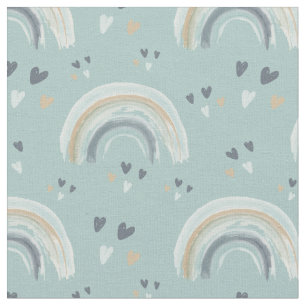 Rainbow and Hearts in Boho Muted Blue Pattern Fabric