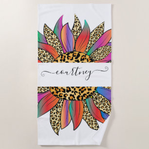 Rainbow and leopard print personalised beach towel