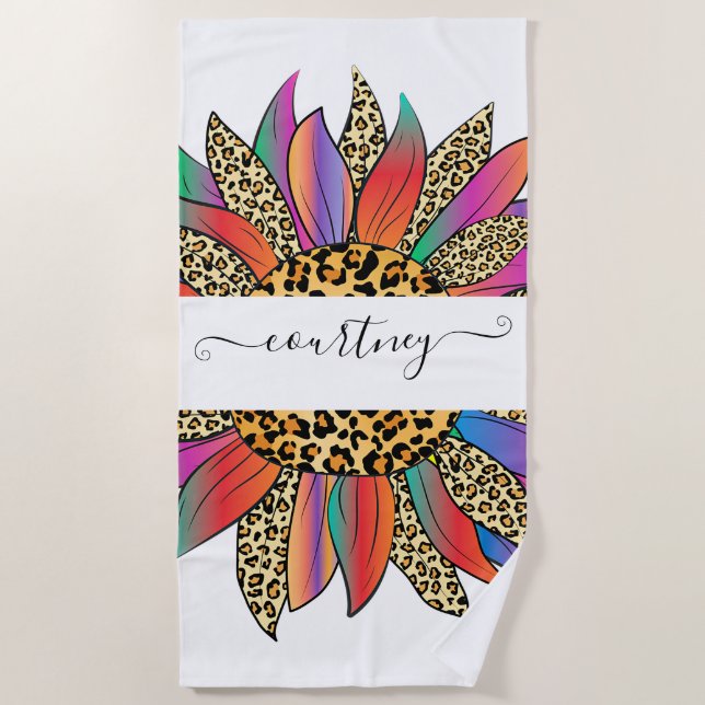Rainbow and leopard print personalised   beach towel (Front)