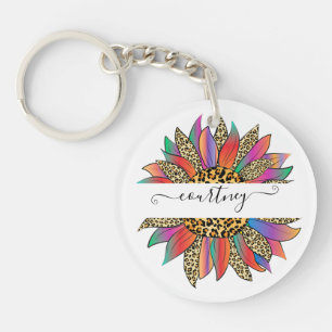 Rainbow and leopard print personalised key ring
