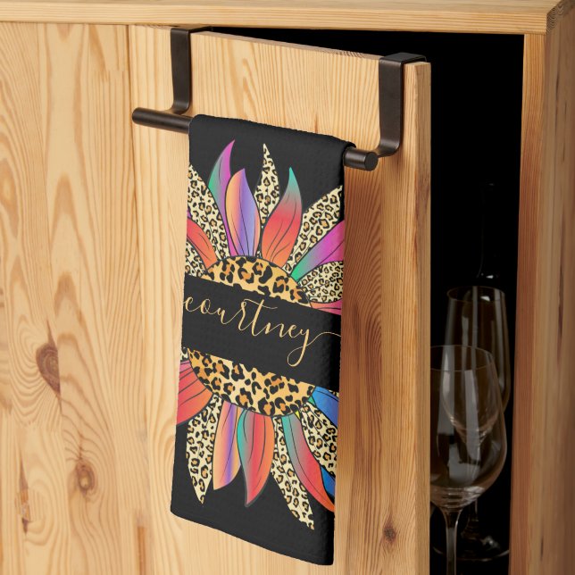 Rainbow and leopard print personalised  kitchen to tea towel (Thirds Fold)