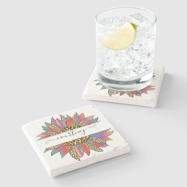 Rainbow and leopard print personalised   stone coaster (Side)