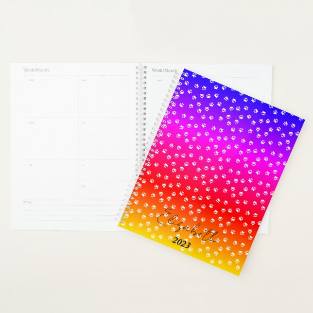 Rainbow and pawprints personalised, custom year planner (Display)