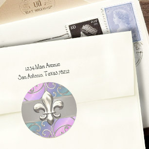 Rainbow and Silver Filigree Swirls Fleur de Lis Classic Round Sticker