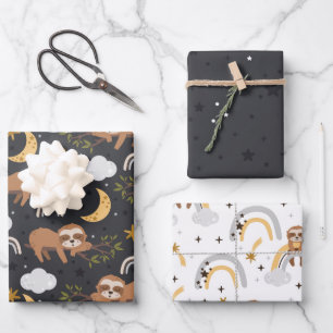 Rainbow and Sloths Pattern Wrapping Paper Sheet