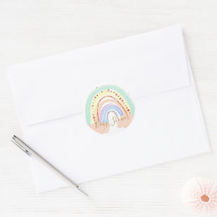 Rainbow and stars baby shower classic round stick sticker