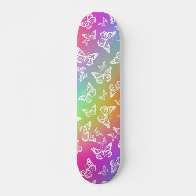 Rainbow and White Butterfly Motif Pattern Skateboard (Front)