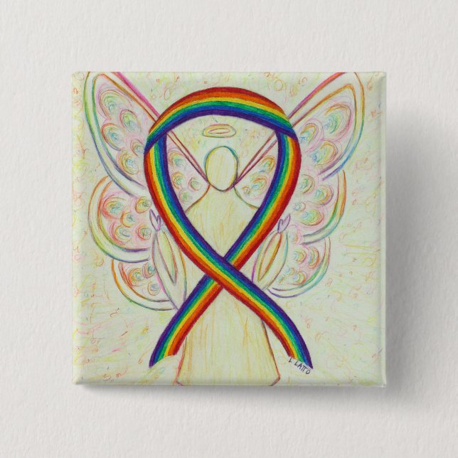 Rainbow Angel Awareness Ribbon Custom Art Pins (Front)