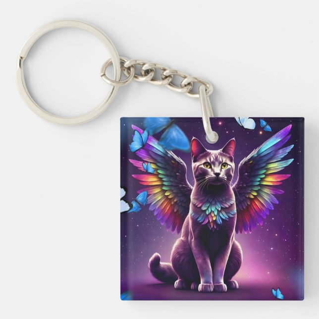Rainbow Angel Cat Key Ring (Front)