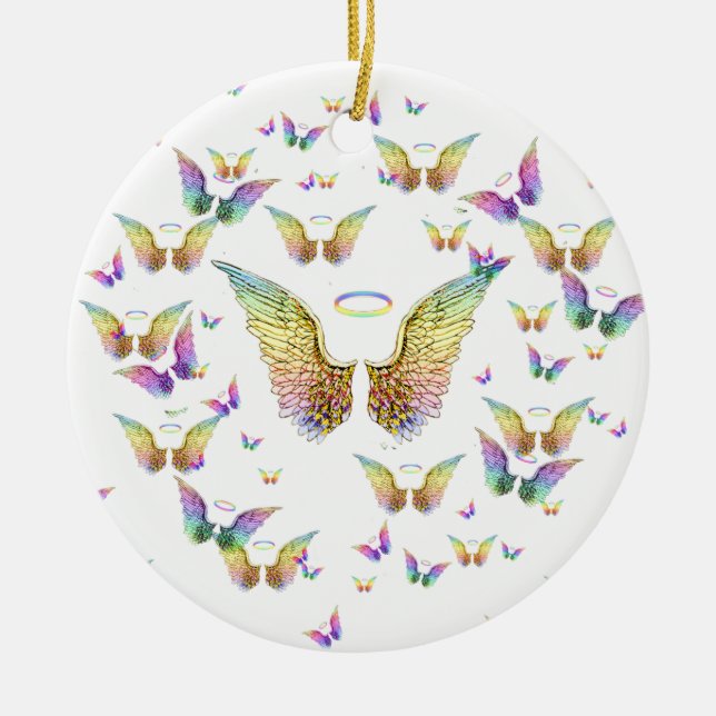 Rainbow Angel Wings and Halos Ceramic Tree Decoration (Front)