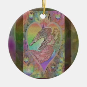 Rainbow Angel with Hearts Ceramic Ornament