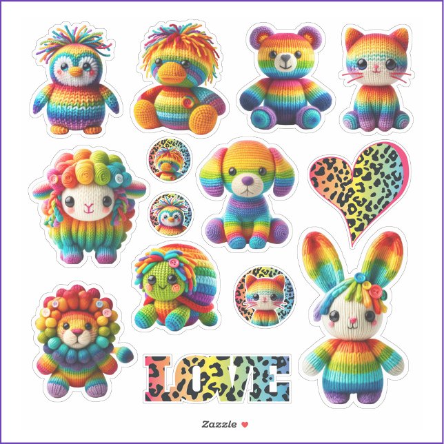Rainbow Animals and Leopard Print Sticker Sheet (Cute Rainbow Knitted Animal Stickers are fun for back to school or stocking or basket filler.)