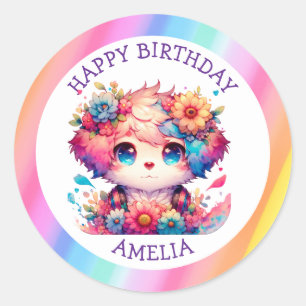 Rainbow Anime Puppy Birthday Cake Personalized Classic Round Sticker