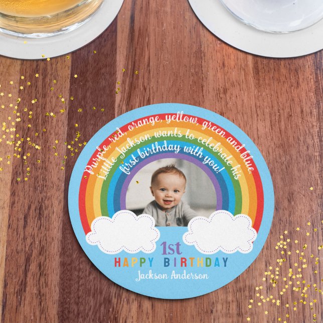 Rainbow Arch Over The Clouds Baby's First Birthday Round Paper Coaster (Creator Uploaded)
