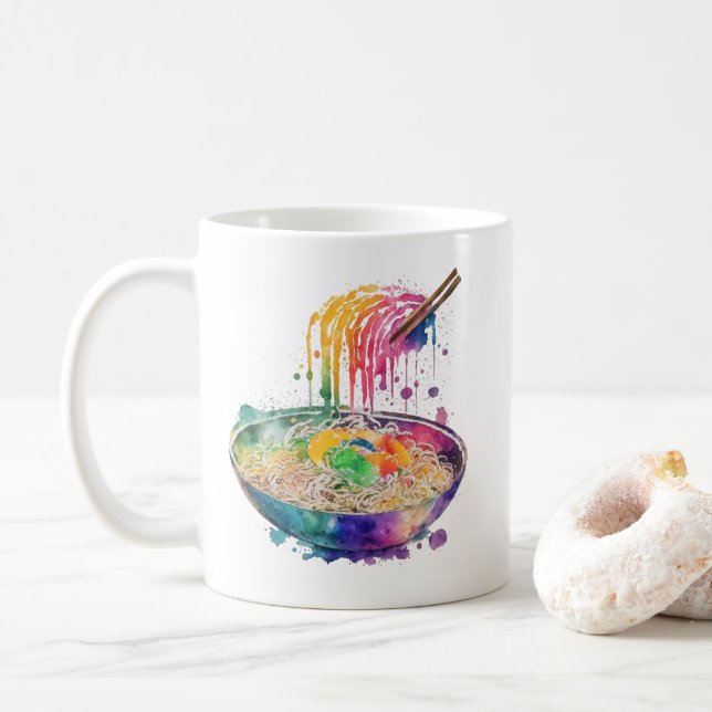Rainbow Art Ramen Noodles and Chopsticks Coffee Mug (With Donut)