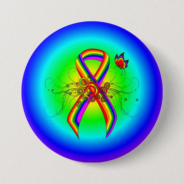 Rainbow Awareness Ribbon with Butterfly 7.5 Cm Round Badge (Front)