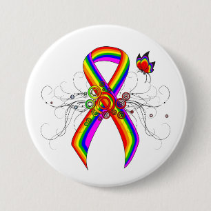 Rainbow Awareness Ribbon with Butterfly 7.5 Cm Round Badge