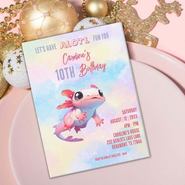 Rainbow axolotl girl birthday invitation (Creator Uploaded)