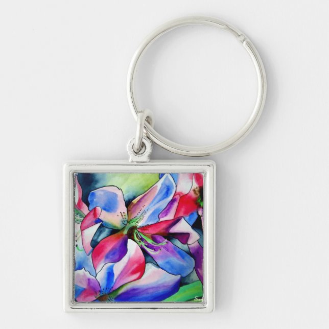 Rainbow Azalea flower original watercolor painting Key Ring (Front)