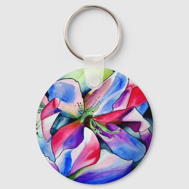 Rainbow Azalea flower original watercolor painting Key Ring (Front)