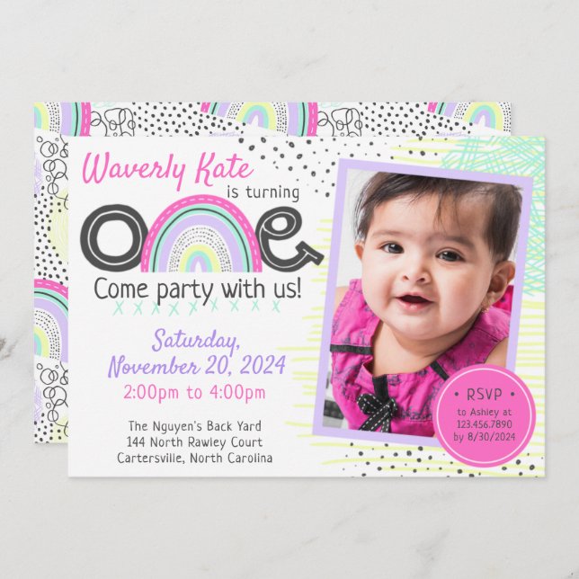 Rainbow Baby 1st Birthday Kawaii Doodles Photo Invitation (Front/Back)