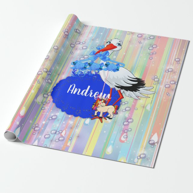 Rainbow Baby Boy & Stork Wrapping Paper (Unrolled)