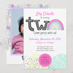 Rainbow Baby Girl 2nd Birthday Kawaii Doodle Photo Invitation