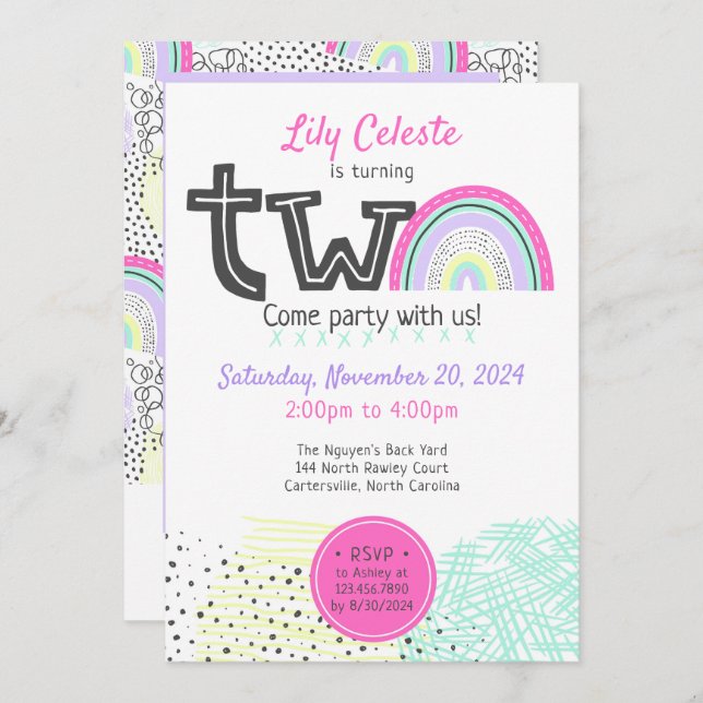 Rainbow Baby Girl 2nd Birthday Kawaii Doodle Photo Invitation (Front/Back)