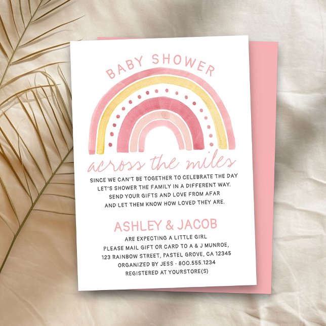 Rainbow Baby Shower Across the Miles Girls Pink Invitation (Girl baby shower by mail invitation with cute rainbow)