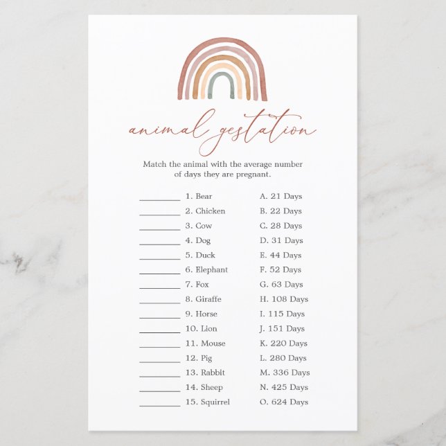 Rainbow Baby Shower Animal Gestation Game (Front)