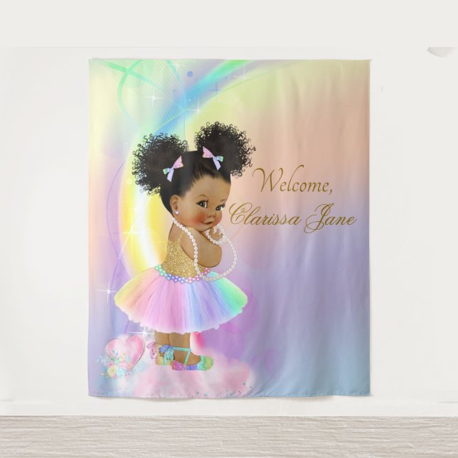 Rainbow Baby Shower Backdrop Banner Afro Girl Tapestry (Front)