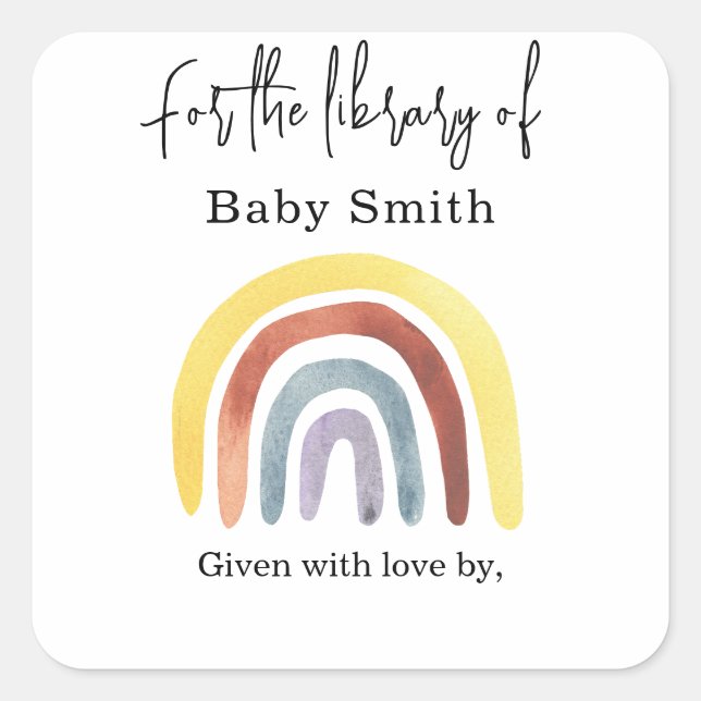Rainbow - baby shower bookplate square sticker (Front)
