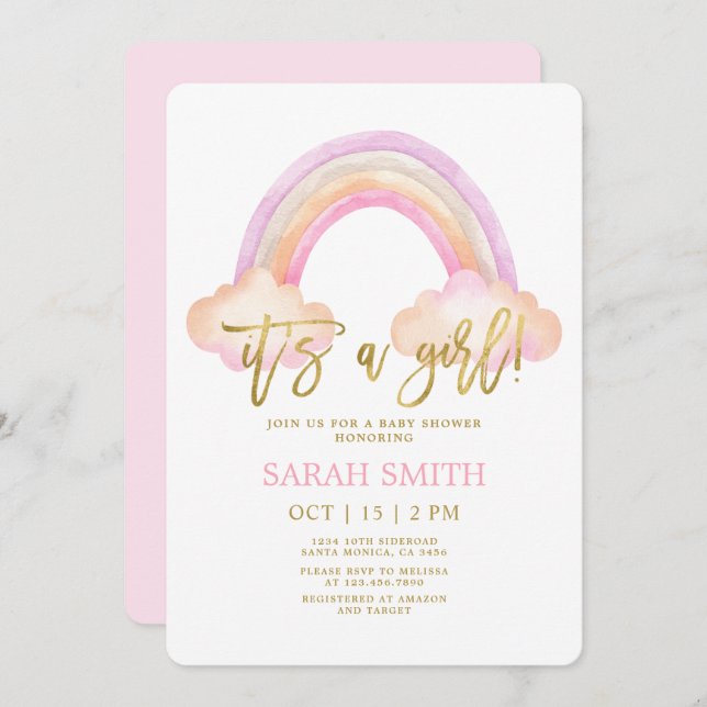 Rainbow Baby shower girl Invitation (Front/Back)