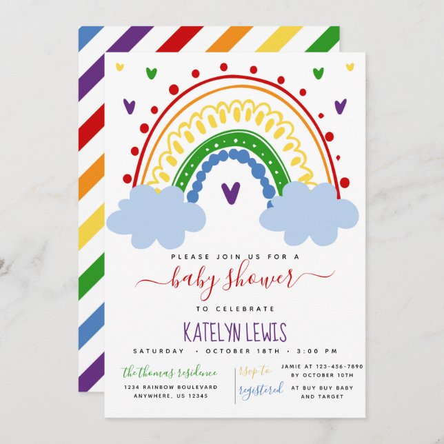 Rainbow Baby Shower Invitation in Primary Colours (Front/Back)