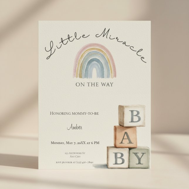Rainbow Baby Shower Invite Boho Neutral (Gender neutral rainbow baby shower invite with pastel boho colors and minimal design.)