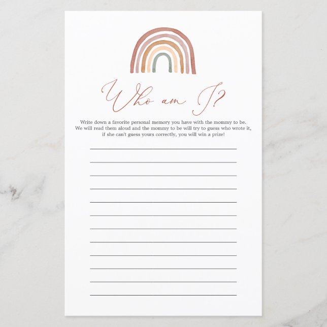 Rainbow Baby Shower Who am I Game (Front)