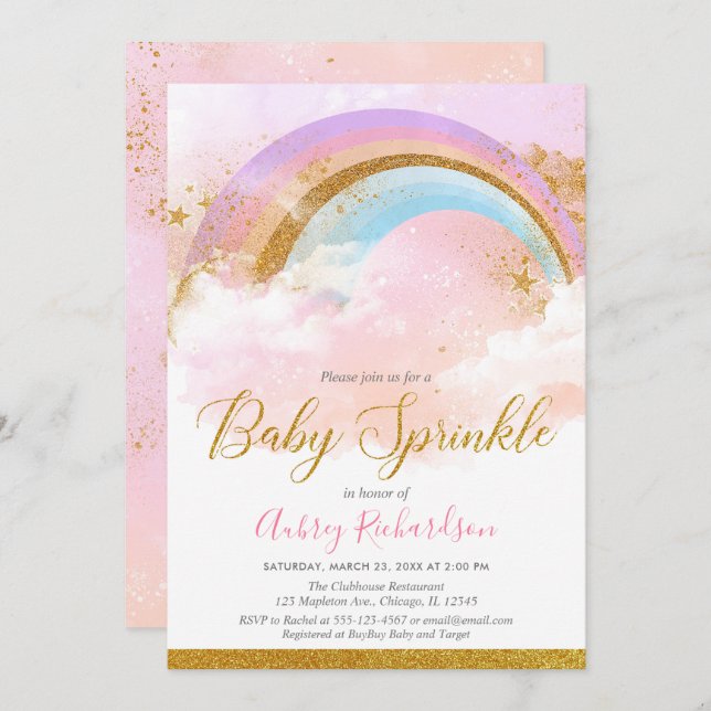 Rainbow baby sprinkle girl pastel pink gold invitation (Front/Back)