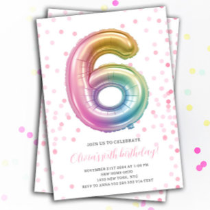 Rainbow Balloon 6th Birthday Girl Party Number Invitation