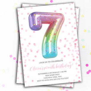 Rainbow Balloon 7th Birthday Girl Party Number Invitation