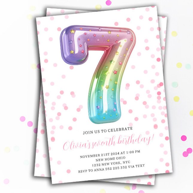 Rainbow Balloon 7th Birthday Girl Party Number Invitation (7th Birthday Rainbow Balloon Number Girl Invitations)