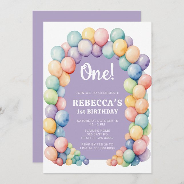 Rainbow Balloon Arch Any Age Birthday Invitation (Front/Back)