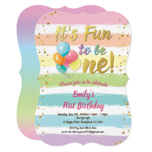 Rainbow balloon first 1st birthday party invitation