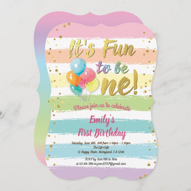 Rainbow balloon first 1st birthday party invitation (Front/Back)
