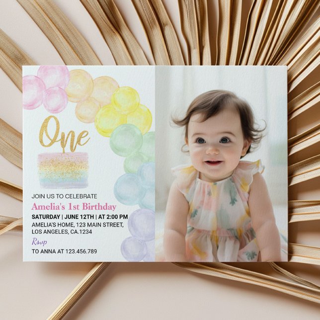 Rainbow Balloon First Birthday Photo Invitation (Creator Uploaded)