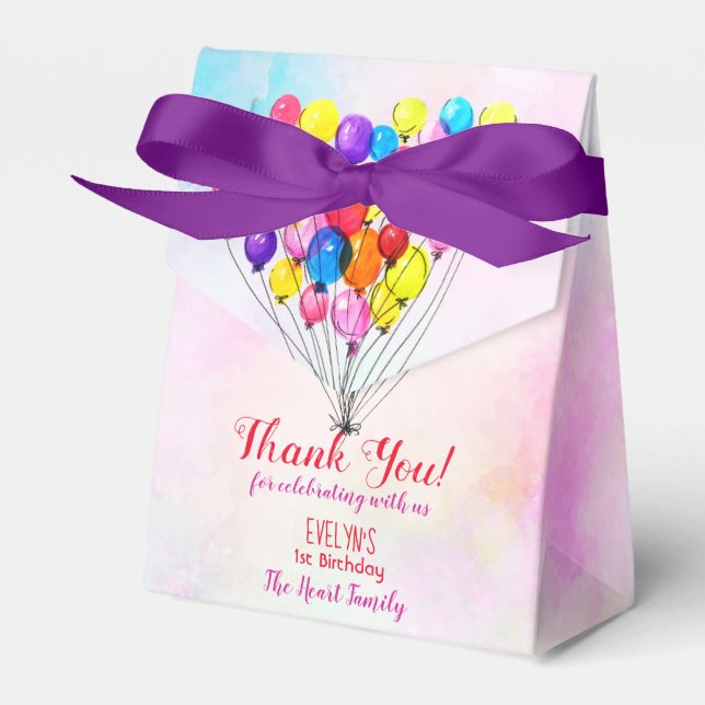 Rainbow BALLOON Girl 1st Birthday cloud Pink Thank Favour Box (Front Side)