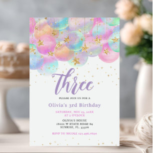 Rainbow Balloon Pink 3rd Birthday Party Invitation