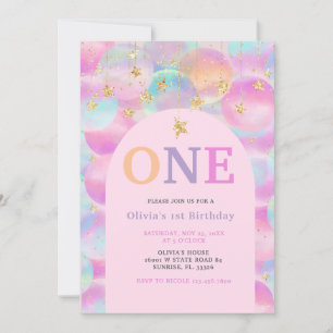 Rainbow Balloon Pink Arch 1st Birthday Party  Invitation